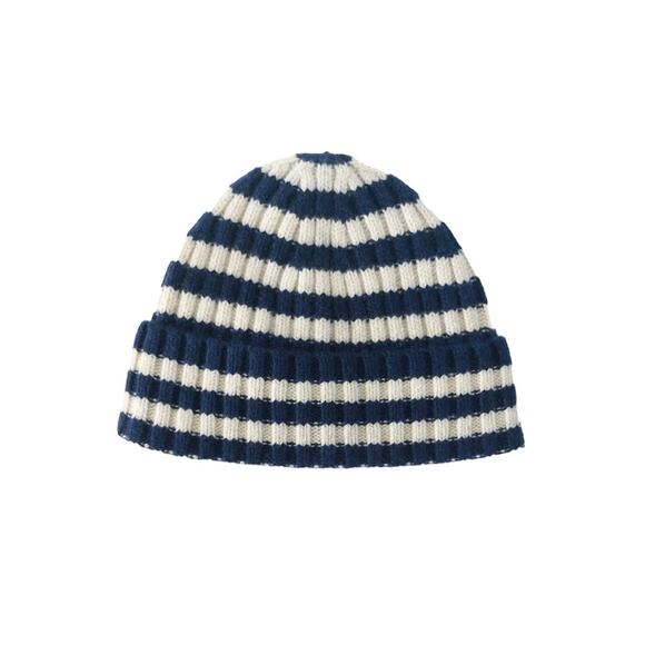 Everlane the Cashmere Unisex Striped Beanie in Navy and White NWT - Picture 5 of 7